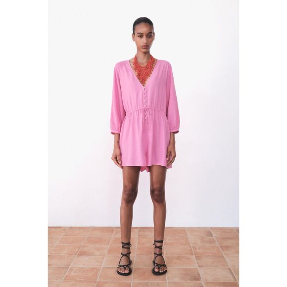 ZARA Linen Blend Slouchy Romper‎ NWT Sz Medium - Picture 1 of 5